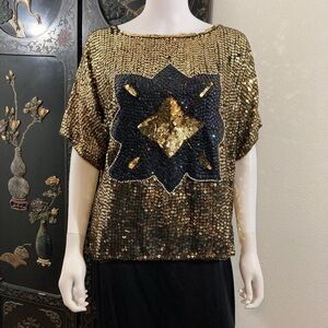 Vintage Sequin 1980’s Disco Blouse, 100% Silk, Beaded Top- Size Medium